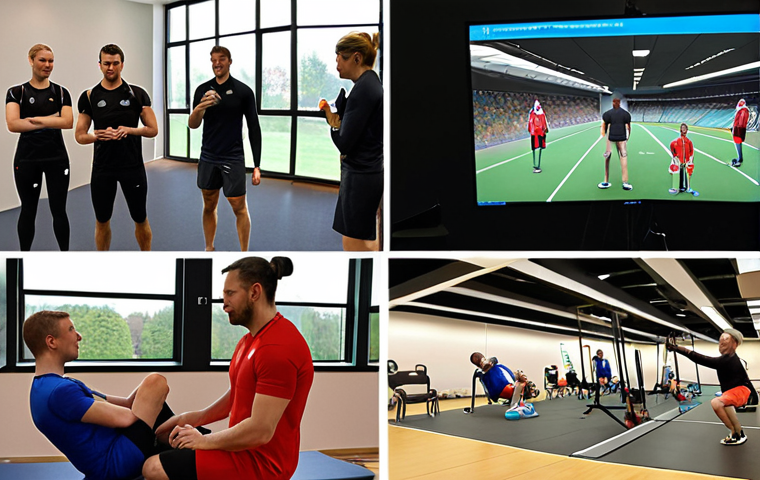 **
A montage showcasing various aspects of sports rehabilitation. Include images of a therapist working with an athlete on knee exercises, someone using motion capture technology, and a group of professionals networking at a sports medicine conference. The overall feel should be modern and professional, emphasizing the blend of practical skills, technology, and networking in the field. The scene takes place in Germany, with local landmarks subtly visible in the background.
**