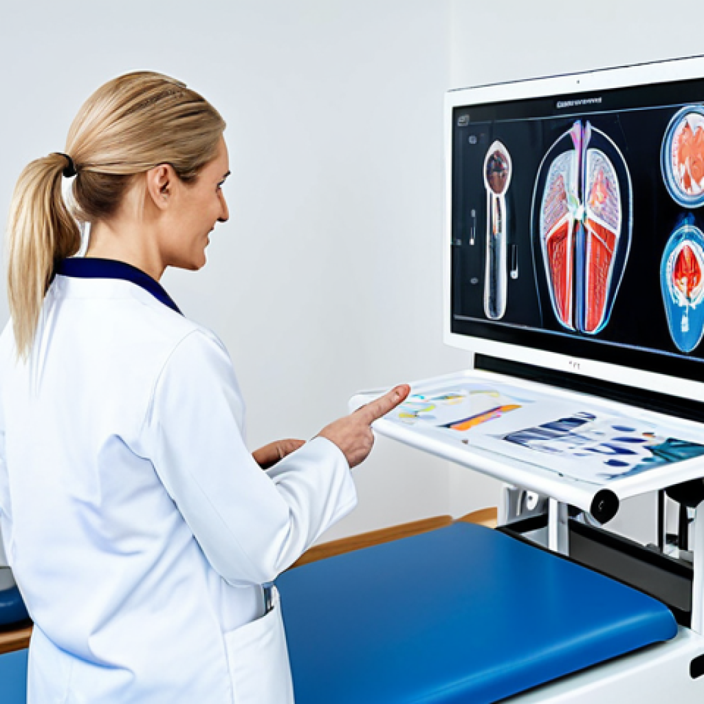 A male athlete, approximately 30-35 years old, wearing professional, modest athletic attire (tracksuit). He is engaged in a consult with a female sports physiotherapist, approximately 40-45 years old, wearing a professional lab coat over appropriate medical scrubs. They are in a modern, brightly lit rehabilitation clinic. The physiotherapist is pointing to a digital anatomical model or a rehabilitation chart on a large tablet, explaining a personalized therapy plan. The athlete is listening attentively, making eye contact. Clean, sterile, and professional clinic setting with blurred high-tech rehabilitation equipment in the background. Full body shot, professional lighting, crisp focus, high detail, realistic, medical illustration style. safe for work, appropriate content, fully clothed, professional, perfect anatomy, correct proportions, natural pose, well-formed hands, proper finger count, natural body proportions.