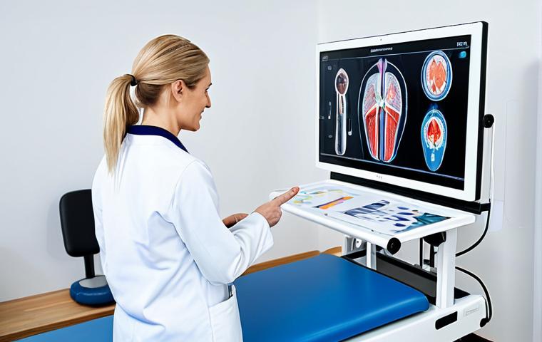 A male athlete, approximately 30-35 years old, wearing professional, modest athletic attire (tracksuit). He is engaged in a consult with a female sports physiotherapist, approximately 40-45 years old, wearing a professional lab coat over appropriate medical scrubs. They are in a modern, brightly lit rehabilitation clinic. The physiotherapist is pointing to a digital anatomical model or a rehabilitation chart on a large tablet, explaining a personalized therapy plan. The athlete is listening attentively, making eye contact. Clean, sterile, and professional clinic setting with blurred high-tech rehabilitation equipment in the background. Full body shot, professional lighting, crisp focus, high detail, realistic, medical illustration style. safe for work, appropriate content, fully clothed, professional, perfect anatomy, correct proportions, natural pose, well-formed hands, proper finger count, natural body proportions.