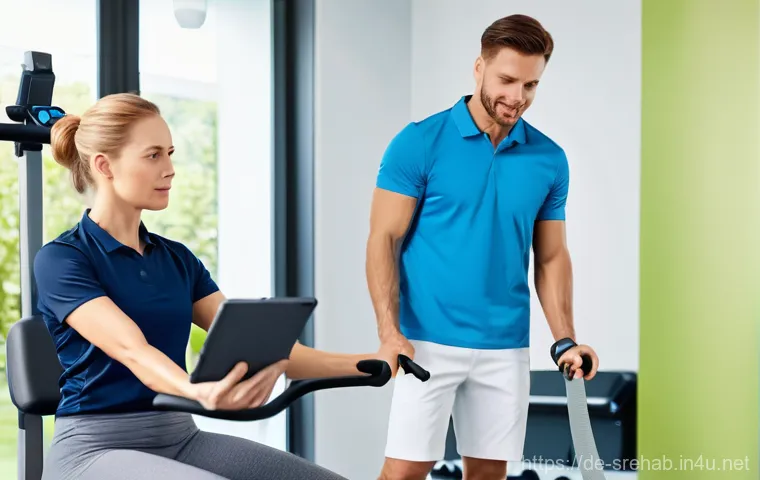 스포츠재활 전문가의 효율적인 시간 관리 - **Prompt:** A professional and calm atmosphere in a modern physiotherapy practice. A female therapis...