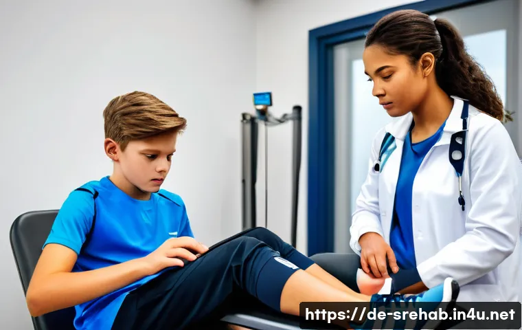 스포츠재활과 청소년 스포츠의 관계 - A young adolescent athlete wearing appropriate sportswear and supportive athletic shoes, undergoing ...