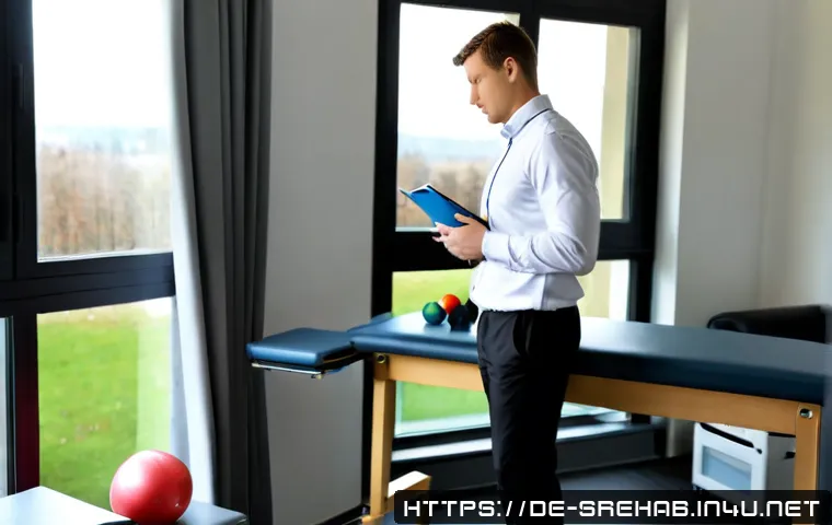 스포츠재활 직무 인터뷰 준비 가이드 - Photorealistic sports rehabilitation job interview preparation scene in a modern German physiotherap...