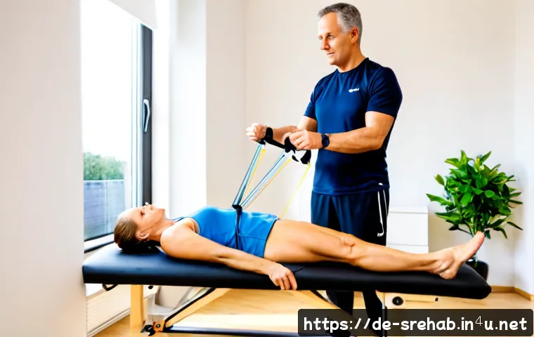 Home 17 스포츠재활과 척추 질환의 관계 - Photorealistic sports rehabilitation clinic in Germany, a middle-aged recreational runner in modest ...
